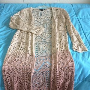 Full length crochet pink and beige cardigan